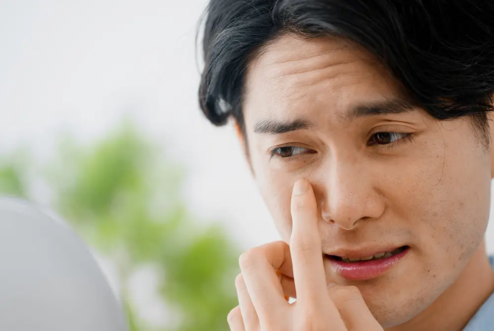 目元を指で押さえ、不安そうな表情を浮かべる男性。