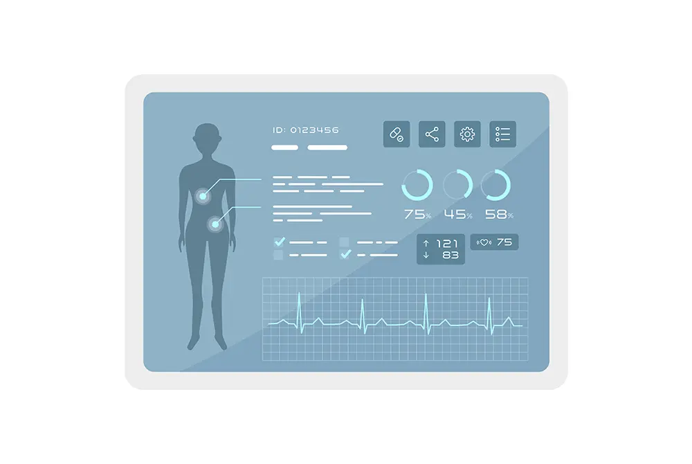 心電図波形やバイタルデータを表示したデジタル医療ダッシュボードのイメージ。