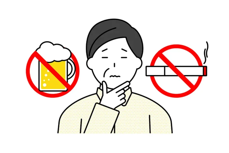 ビールとたばこに禁止マークが付けられ、控えることを示すイラスト。