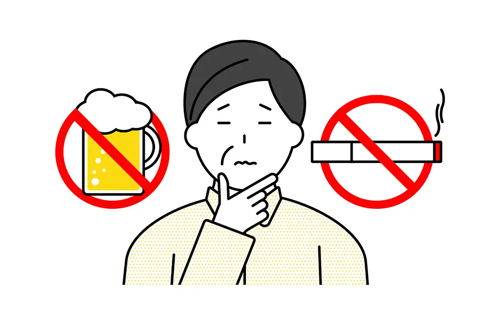 ビールとたばこに禁止マークが付けられ、控えることを示すイラスト。