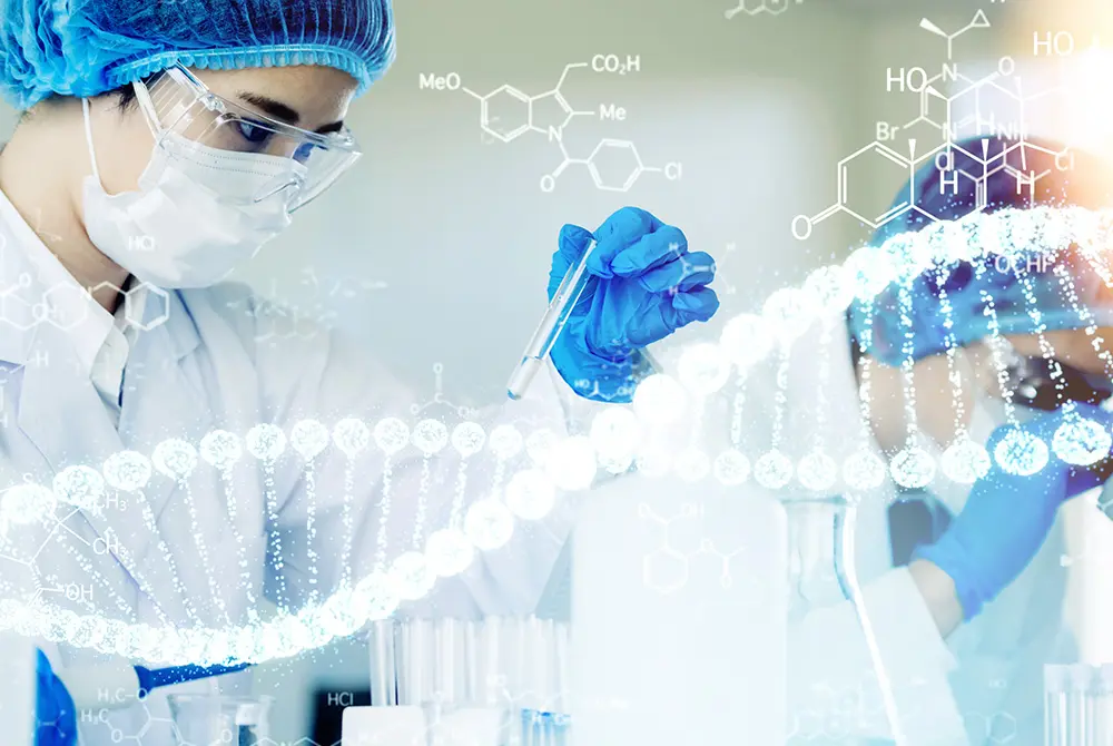 研究者が試験管を扱いDNA構造のイメージが重なる研究風景。