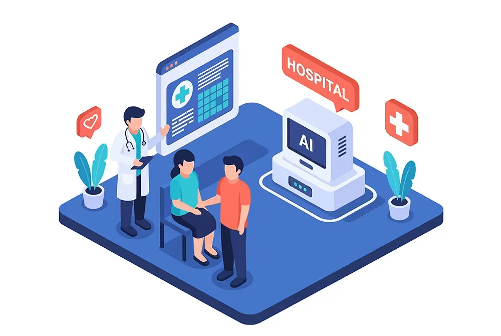 AIシステムと医師、患者を描いた医療AIのイラスト