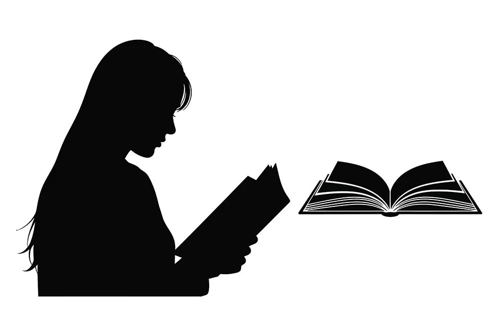 本を読んでいる人物のシルエットと開いた本のイラスト
