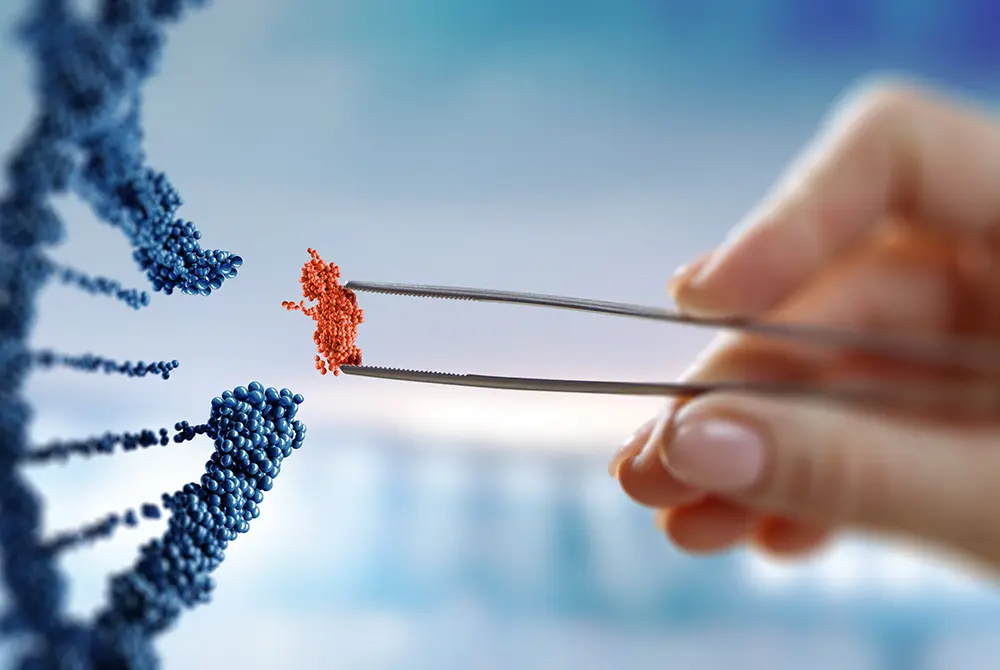DNAの立体構造を背景に、ピンセットで分子モデルの一部をつまむ様子を表現したイメージ画像。