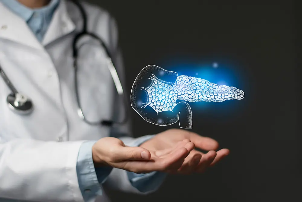 医師の手の上に膵臓のイメージ図が浮かび上がる概念図