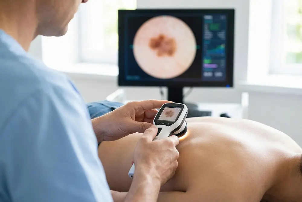 医療者が皮膚の病変を撮影しモニターで確認している様子