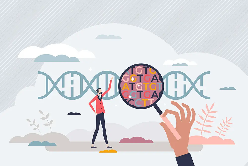 DNA配列を拡大して解析する様子を表したイラスト