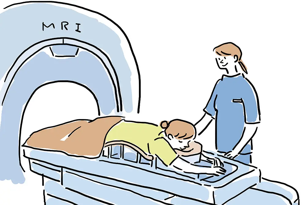 乳房MRI検査を受ける患者と付き添う医療従事者のイラスト