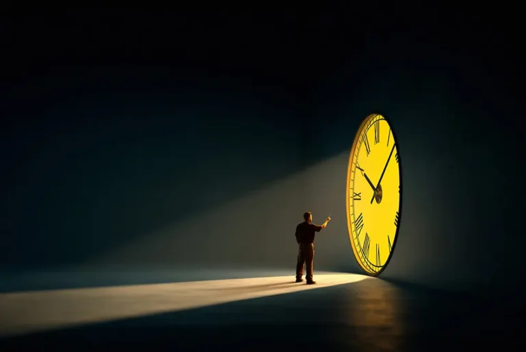 暗い空間で、壁に映し出された大きな時計を見上げる人の後ろ姿。