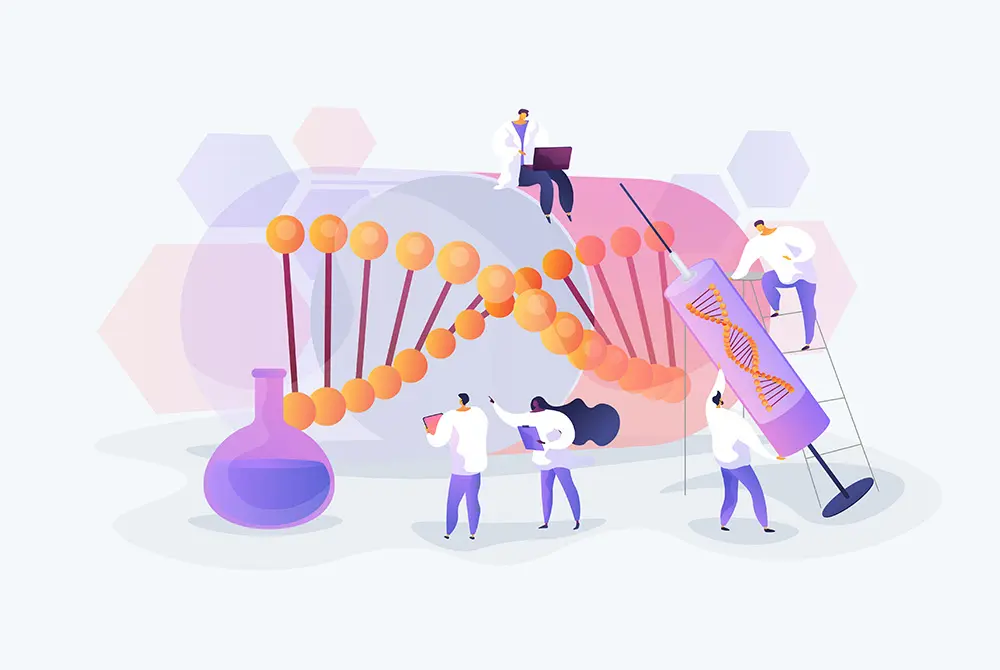研究者たちがDNAの構造を調べている様子を表したイラスト。