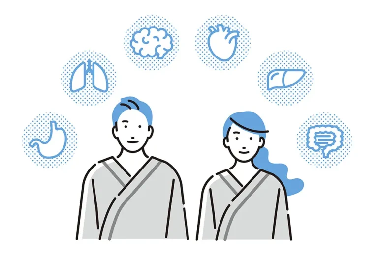患者の周囲に、肺、脳、心臓、肝臓、胃、腸などの臓器アイコンが配置されたイラスト。