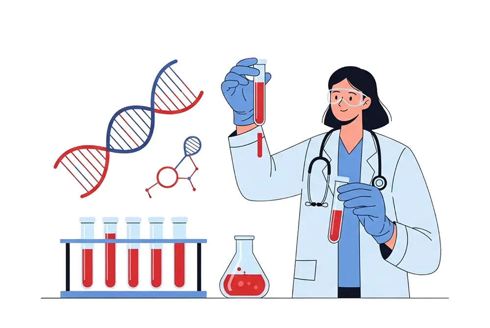白衣を着た研究者が血液の入った試験管を持ち、DNAや検査器具が描かれているイラスト。
