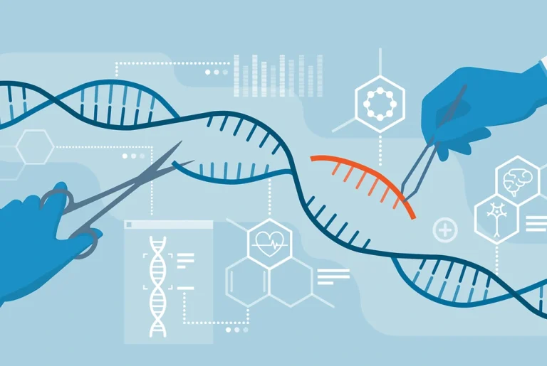 DNAの鎖を切断し、別の配列を挿入する様子を表した遺伝子編集の図。