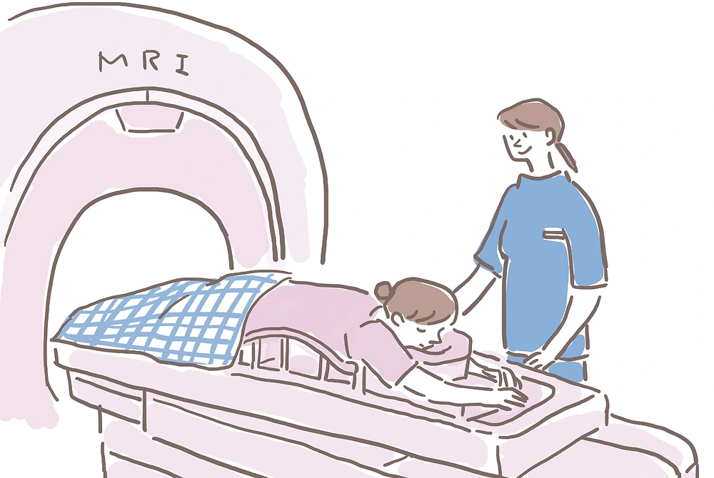 MRI検査装置で検査を受ける人と、そばで見守る医療スタッフを描いたイラスト。