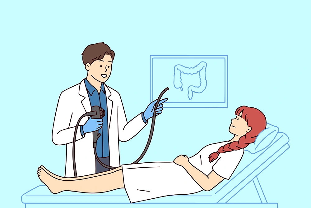 医師が内視鏡を持ち、検査台に横たわる患者に大腸内視鏡検査を説明しているイラスト。