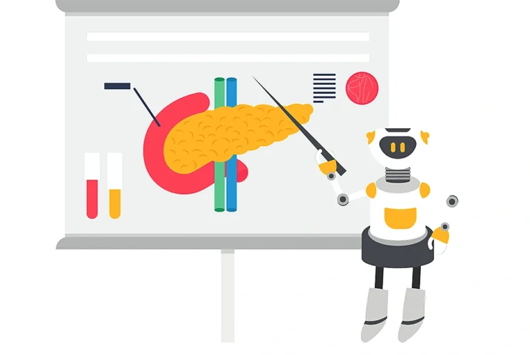 すい臓の図を示しながら、ロボットが医療情報を説明しているイラスト。