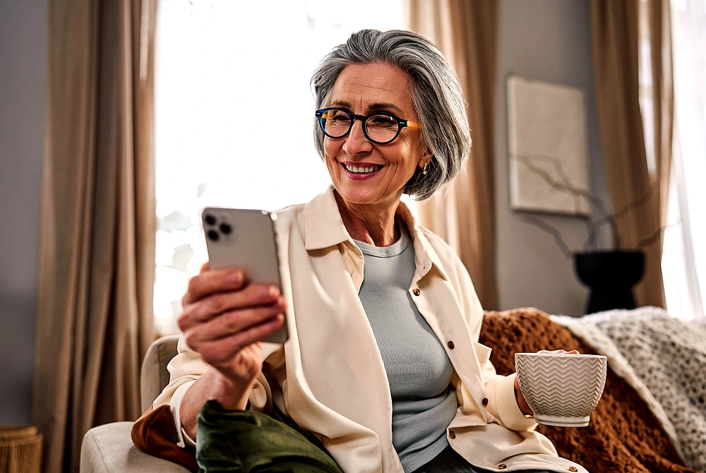 自宅でスマートフォンを見ながら笑顔を見せる女性。