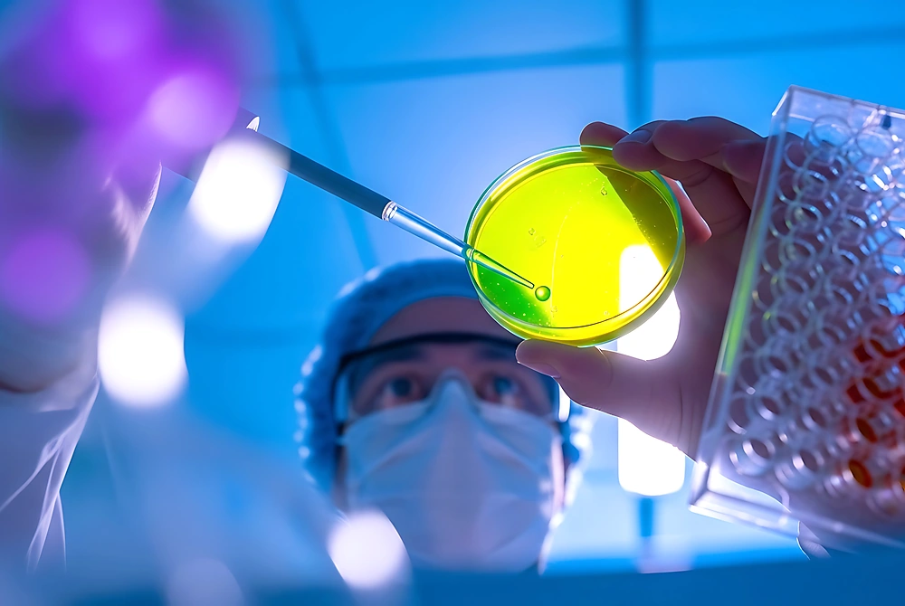 研究者がペトリ皿の中の液体をピペットで扱いながら確認している様子。