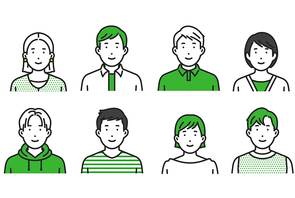 年齢や性別の異なる複数の人物の顔を並べたイラスト。