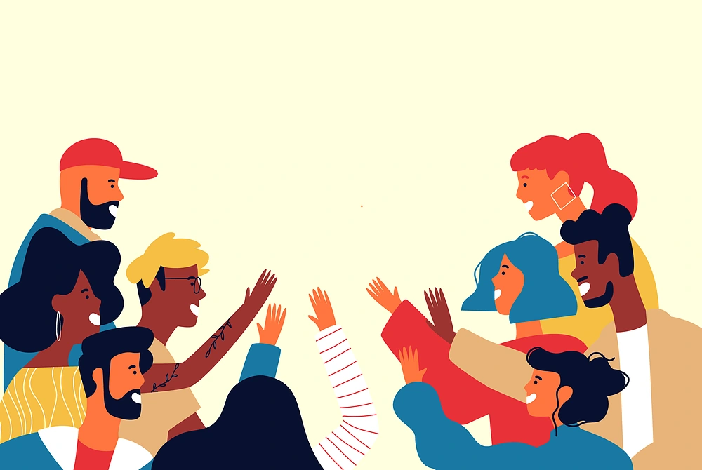 多様な若者たちが集まり、会話や交流をしているイラスト。