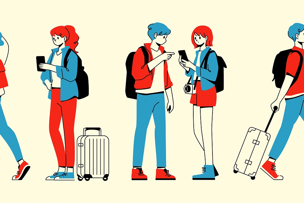スマートフォンやスーツケースを持って移動する若者たちのイラスト。